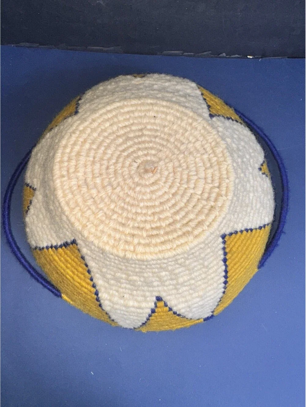 Handwoven African Wool Basket Blue Yellow White Starburst Design 9” Coiled Bowl